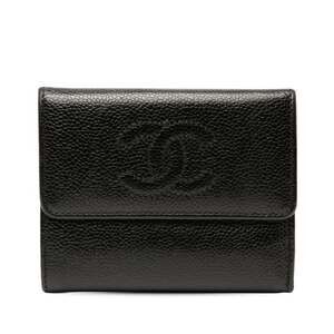 CHANEL Authentic Black Caviar Leather Logo Wallet